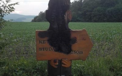 Vandal poškodil dřevěnou sochu upozorňující na Krtečkovu stezku