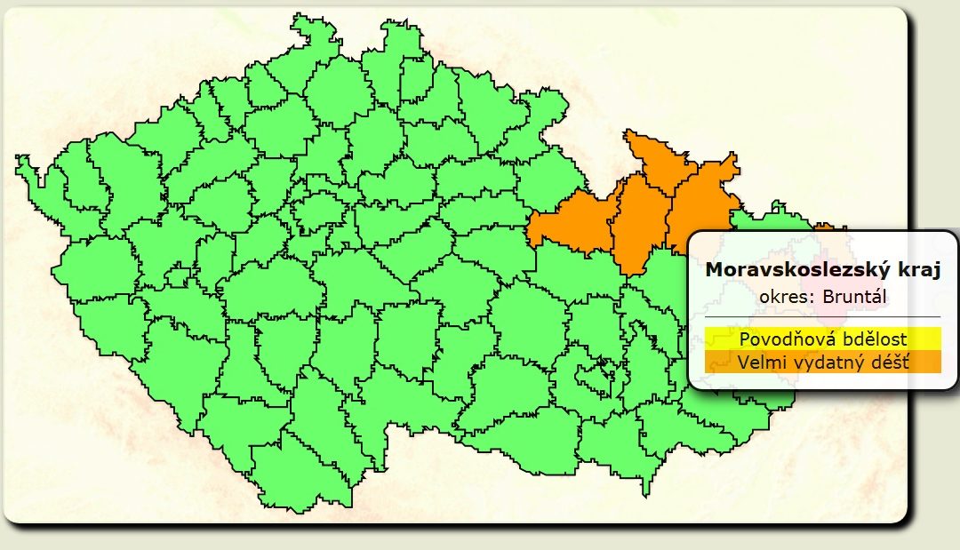 Na Bruntálsku hrozí extrémní srážky, očekává se povodňová bdělost