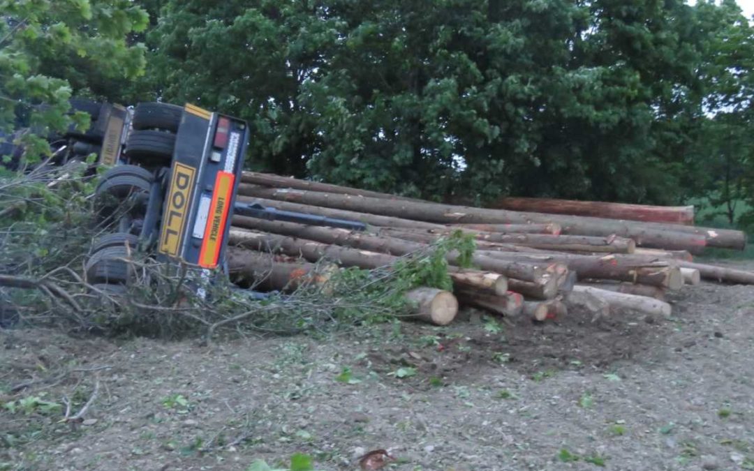 Řidič náklaďáku narazil do stromu a s autem se převrátil na bok