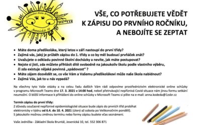 Z důvodu současné nepříznivé epidemiologické situace bude zápis do prvních tříd bez osobní přítomnosti dětí