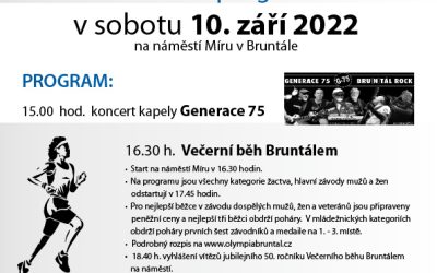 50. ročník Večerního běhu Bruntálem s kulturním programem – v sobotu 10. září na nám. Míru