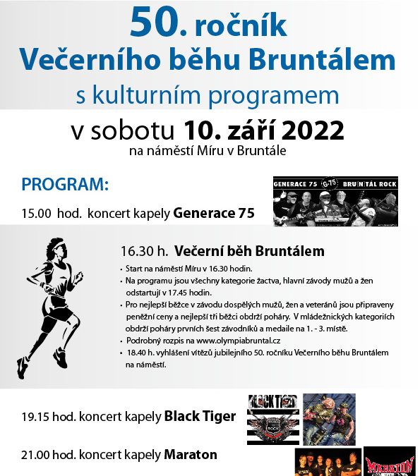 50. ročník Večerního běhu Bruntálem s kulturním programem – v sobotu 10. září na nám. Míru